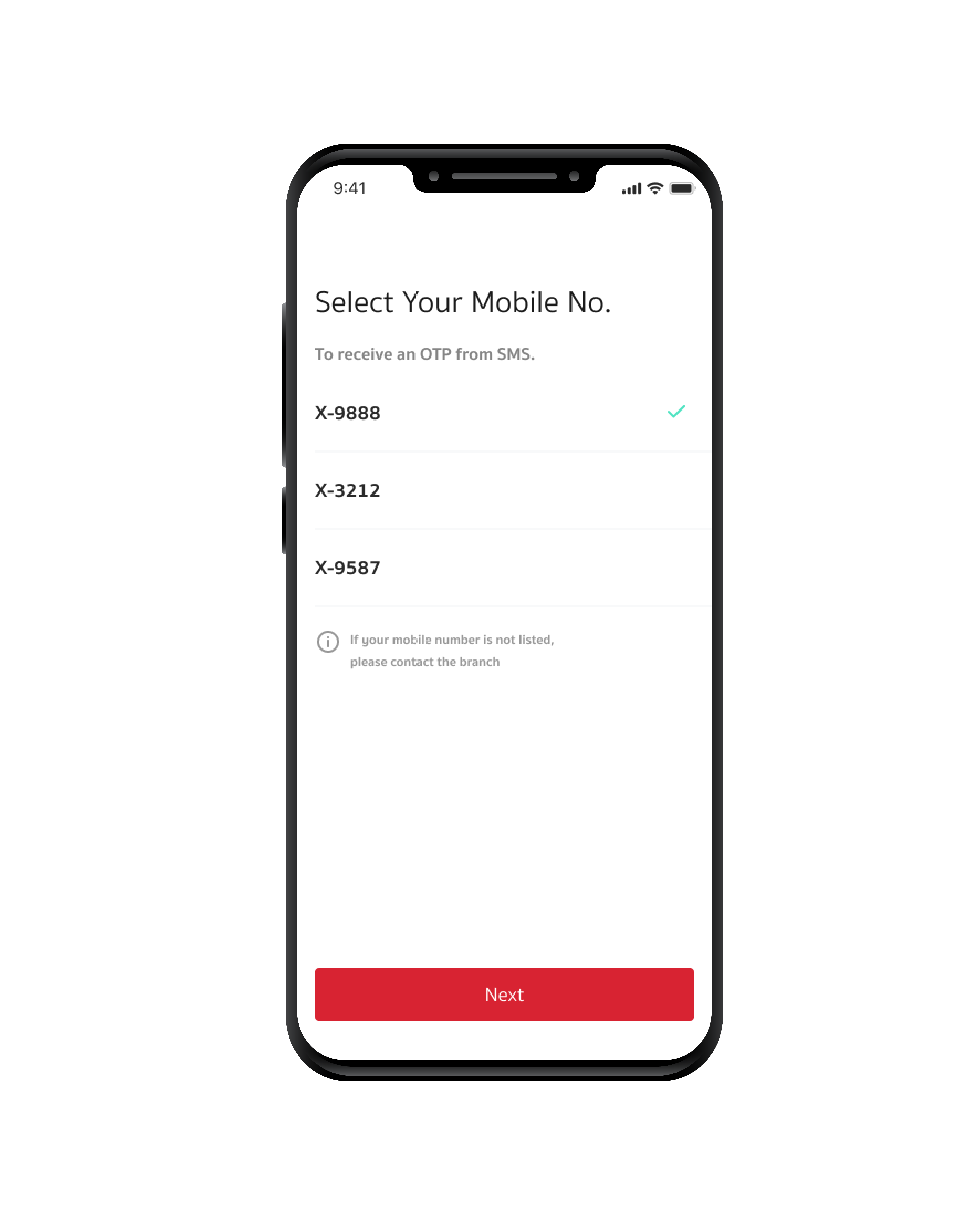STEP 9  Select the registered mobile phone number to receive the OTP code.